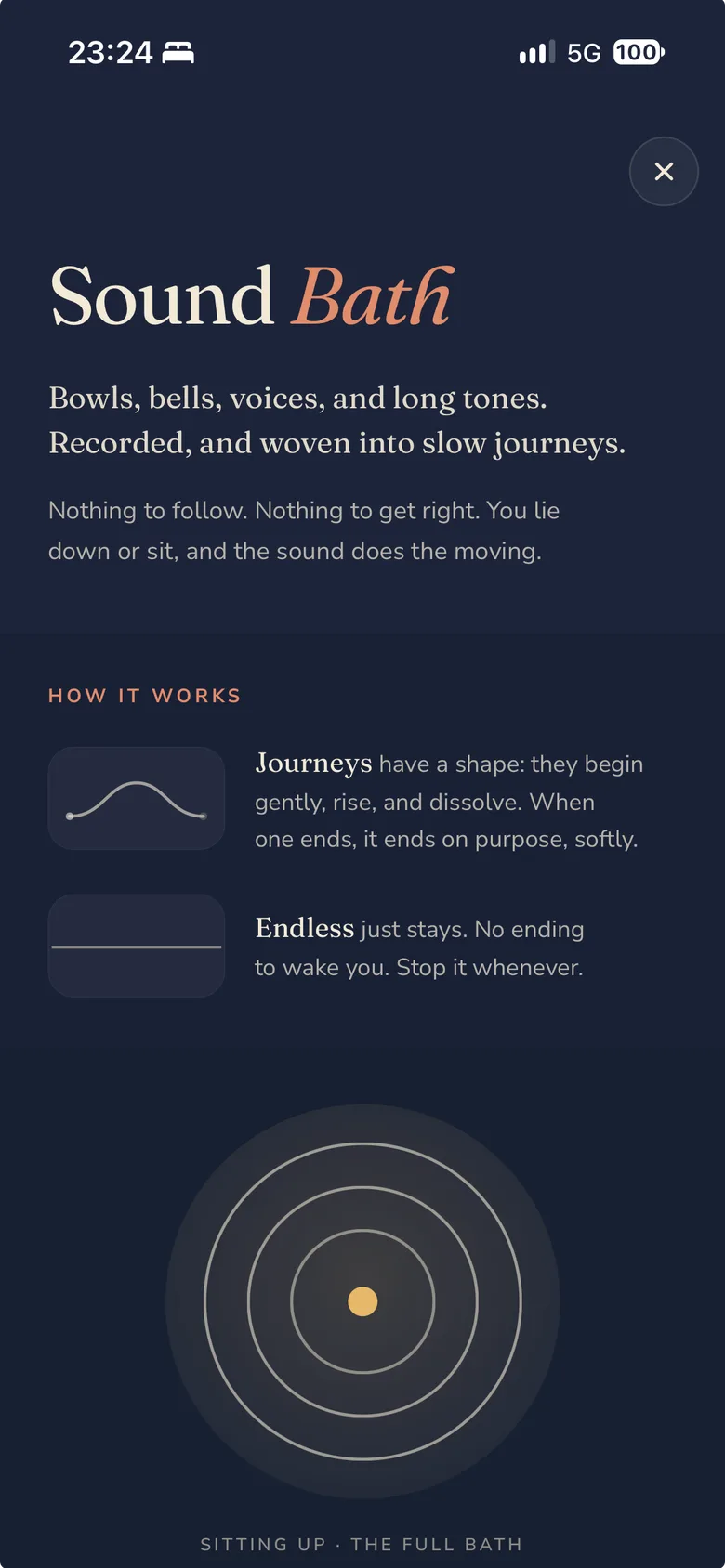 Stillee's Sound Bath screen on iPhone: the title over a night sky, an intro reading 'Bowls, bells, voices, and long tones. Recorded, and woven into slow journeys.', a How it works section contrasting Journeys and Endless, and a large illustration of concentric bowl rings around a small gold centre.